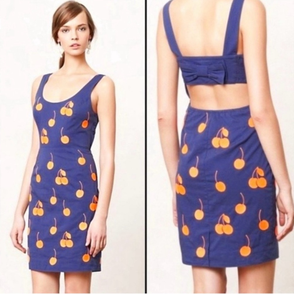 Anthropologie Leifnotes Cherry Drop Navy Blue Sheath Dress Sleeveless Sz 0